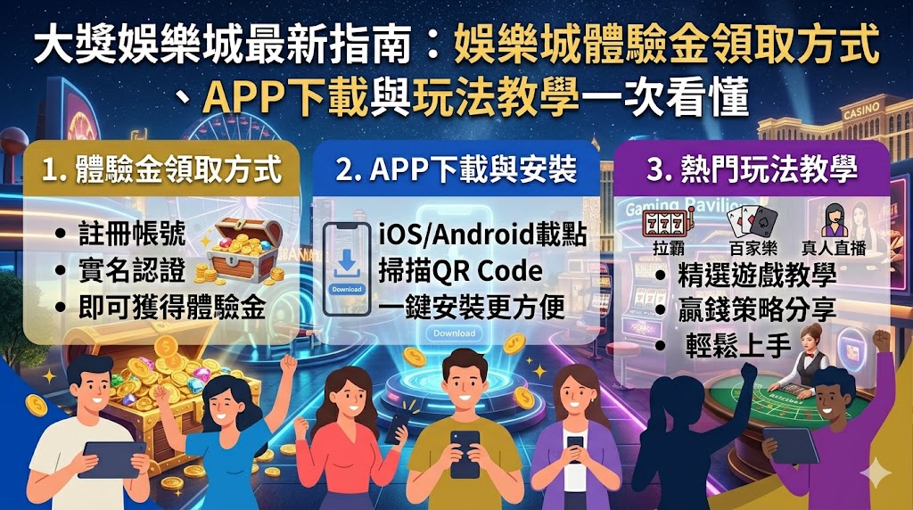 大獎娛樂城最新指南為玩家提供全方位的入門協助，從體驗金領取到 APP 下載與玩法教學一應俱全。新玩家完成註冊並通過實名認證後，即可按照指引前往優惠中心申請免儲值體驗金，這是探索平台各類熱門遊戲的最佳零成本機會。為了提升遊戲流暢度，官方建議下載專屬 APP，無論是 iOS 或 Android 系統，只需掃描官網 QR Code 即可快速安裝，享受更穩定的連線與直覺的操作介面。教學部分詳細拆解了老虎機、真人百家樂及體育博彩的基礎規則，幫助新手快速掌握獲利關鍵。透過這份完整指南，您不僅能順利領取各項開戶福利，更能掌握最新版本的功能優勢，在安全且專業的環境中，輕鬆開啟您在大獎娛樂城的致富旅程，全面掌握爆分先機。