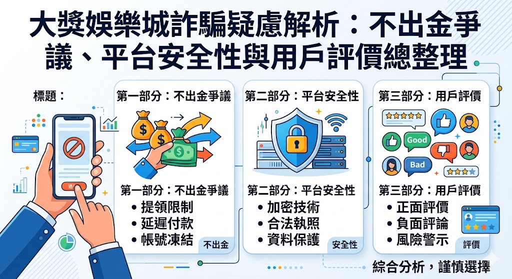 針對近期備受關注的大獎娛樂城詐騙疑慮，本報告深入整理並分析其不出金爭議、平台安全性及用戶的真實評價。調查顯示，儘管大獎娛樂城擁有穩定的遊戲介面與多樣化產品，但部分玩家反饋在提領高額獎金時遭遇審核過久或要求額外洗碼量的情形，引發信譽爭議。安全性方面，報告詳細檢視其伺服器防護機制與個資管理政策，提醒玩家警惕偽冒官方名稱的釣魚網站。用戶評價呈現兩極化，部分老玩家肯定其活動回饋，但亦有受害者指出遭不明「分析師」代操導致虧損。我們綜合彙整社群聲量與金流穩定度指標，旨在為讀者揭開營運背後的透明度，強調在參與任何線上娛樂前，應優先考量平台的出金紀錄與第三方認證，避開高風險套利話術，以科學且理性的態度評估大獎娛樂城的長期安全性。