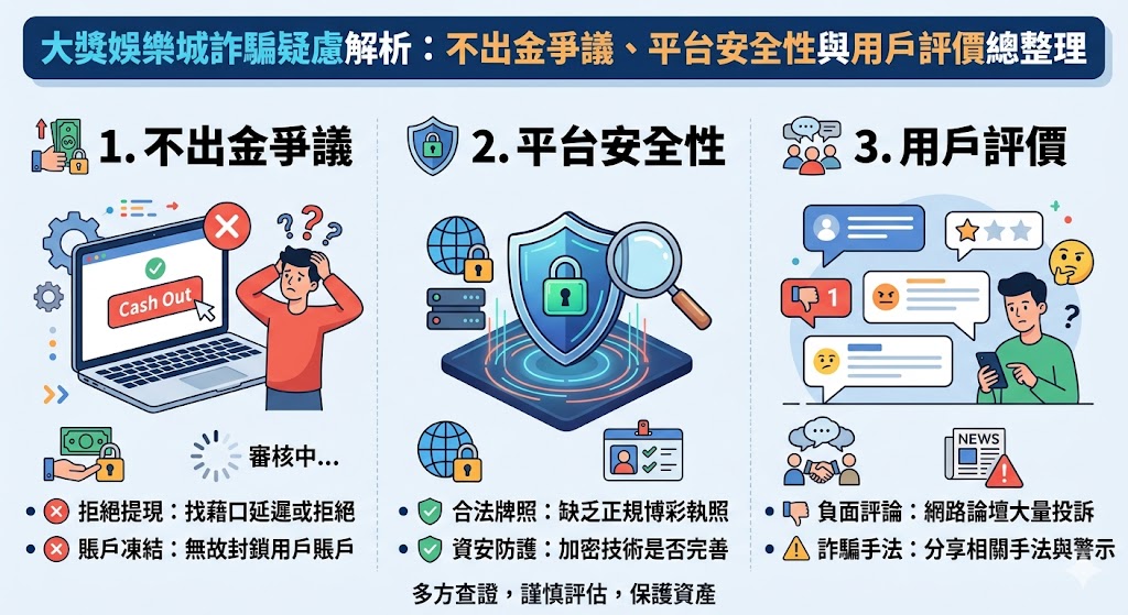 針對近期備受關注的大獎娛樂城詐騙疑慮，本報告深入整理並分析其不出金爭議、平台安全性及用戶的真實評價。調查顯示，儘管大獎娛樂城擁有穩定的遊戲介面與多樣化產品，但部分玩家反饋在提領高額獎金時遭遇審核過久或要求額外洗碼量的情形，引發信譽爭議。安全性方面，報告詳細檢視其伺服器防護機制與個資管理政策，提醒玩家警惕偽冒官方名稱的釣魚網站。用戶評價呈現兩極化，部分老玩家肯定其活動回饋，但亦有受害者指出遭不明「分析師」代操導致虧損。我們綜合彙整社群聲量與金流穩定度指標，旨在為讀者揭開營運背後的透明度，強調在參與任何線上娛樂前，應優先考量平台的出金紀錄與第三方認證，避開高風險套利話術，以科學且理性的態度評估大獎娛樂城的長期安全性。